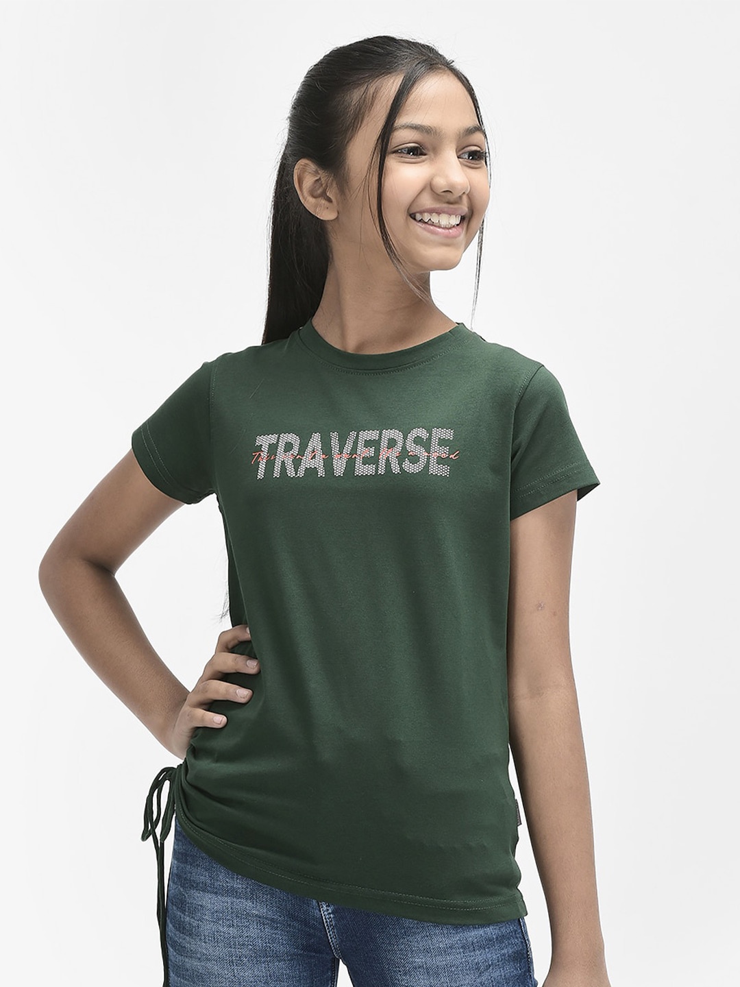 

Crimsoune Club Girls Typography Printed T-shirt, Green
