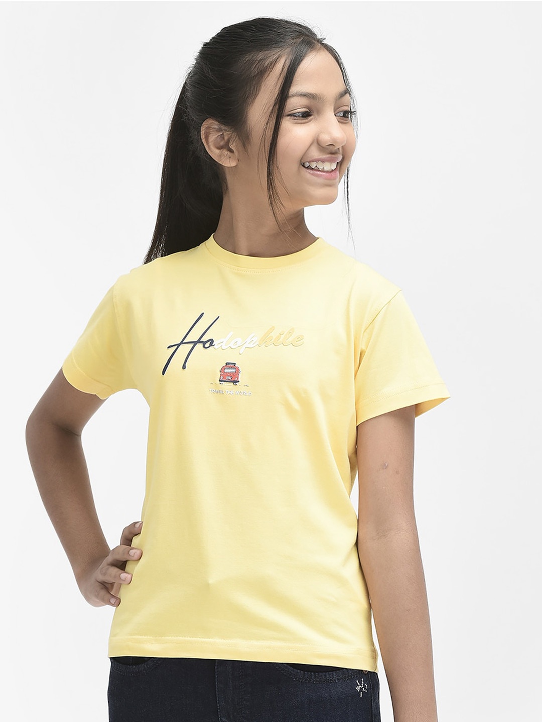 

Crimsoune Club Girls Typography Printed Cotton T-Shirt, Yellow