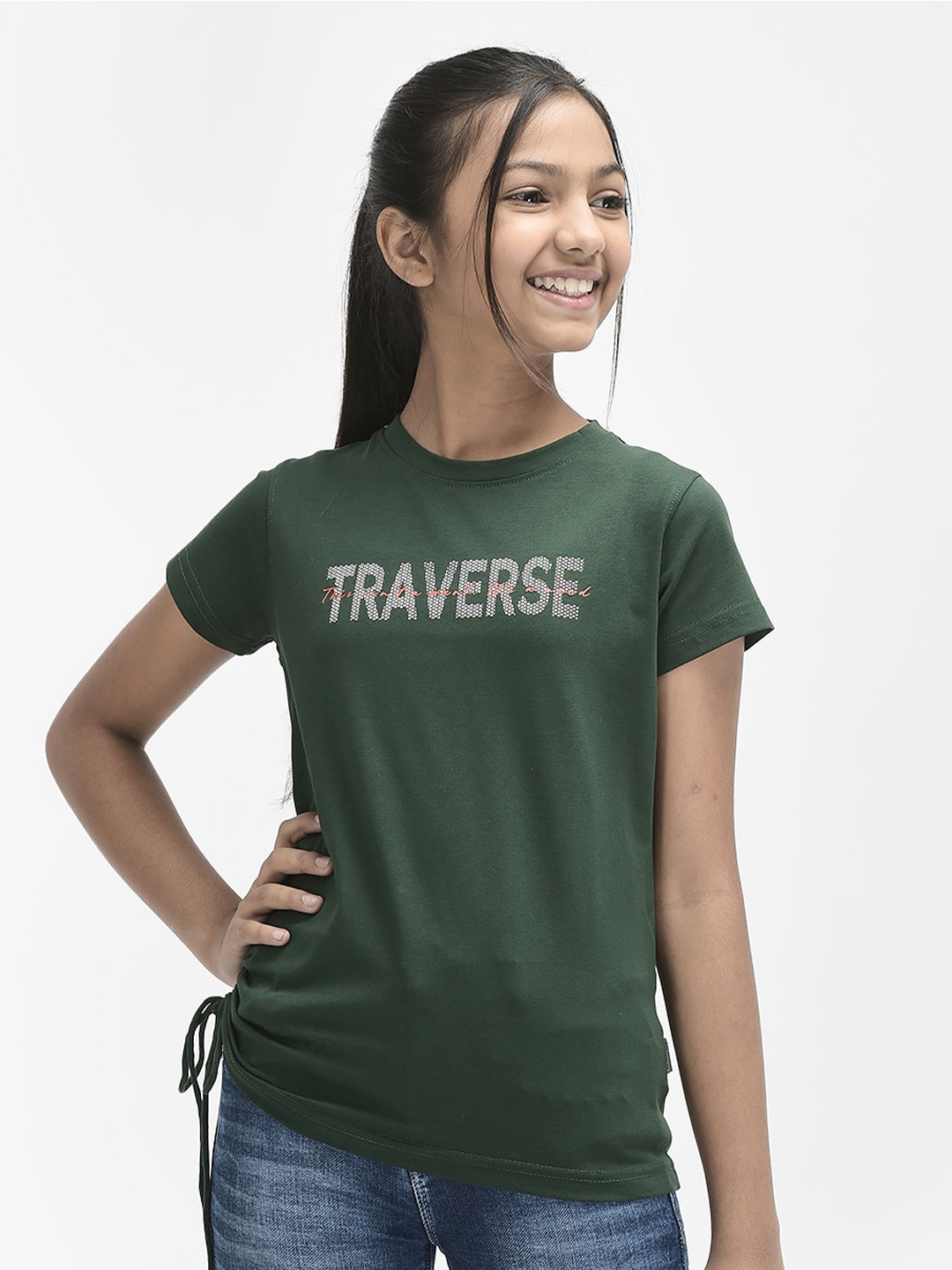 

Crimsoune Club Girls Typography Printed Cotton T-Shirt, Green