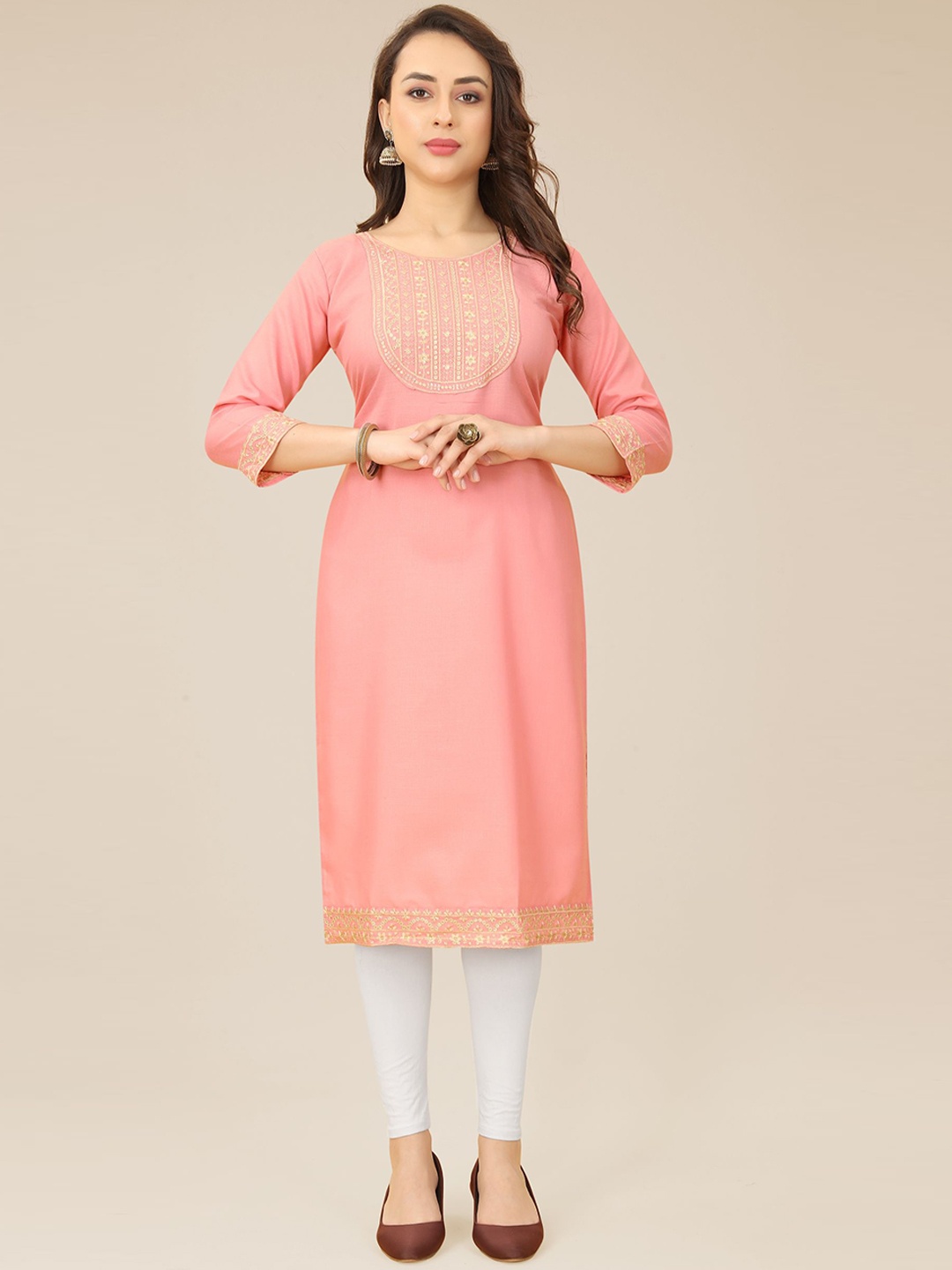 

VAIRAGEE Ethnic Motifs Embroidered Sequined Pure Cotton Kurta, Peach