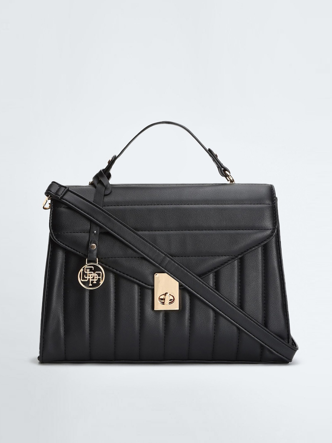 

U.S. Polo Assn. Women Self Striped Structured Satchel Bag With Quilted Detail, Black