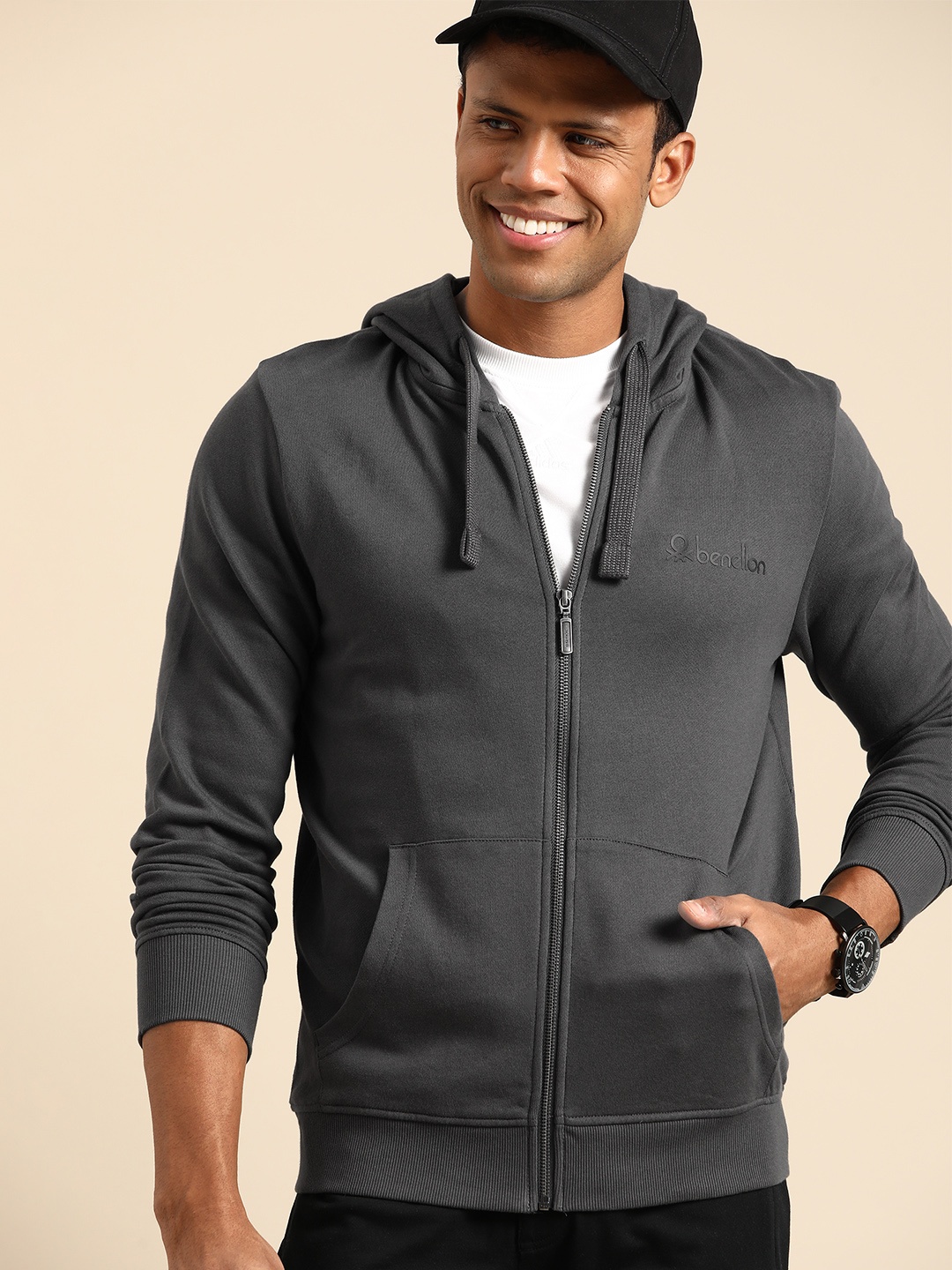 

United Colors of Benetton Cotton Hooded Sweatshirt, Charcoal