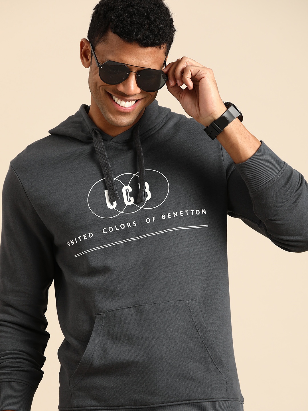 

United Colors of Benetton Cotton Printed Hooded Sweatshirt, Charcoal
