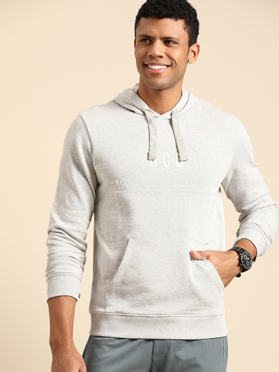 

United Colors of Benetton Cotton Printed Hooded Sweatshirt, Grey melange
