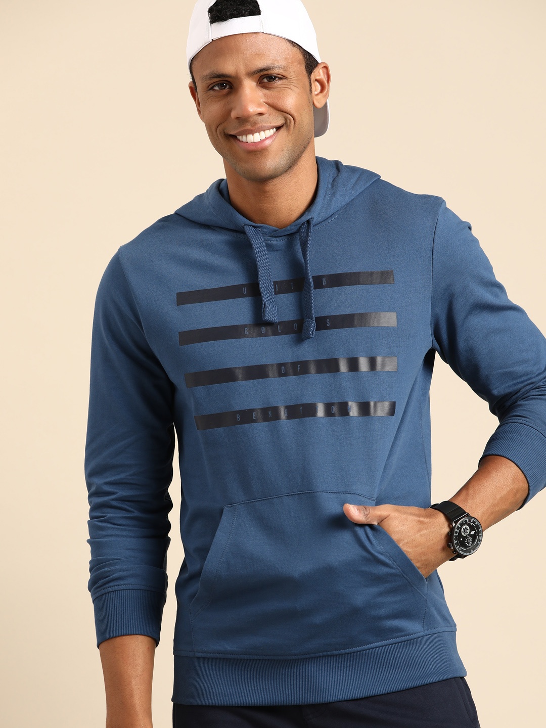 

United Colors of Benetton Cotton Striped Hooded Sweatshirt, Blue