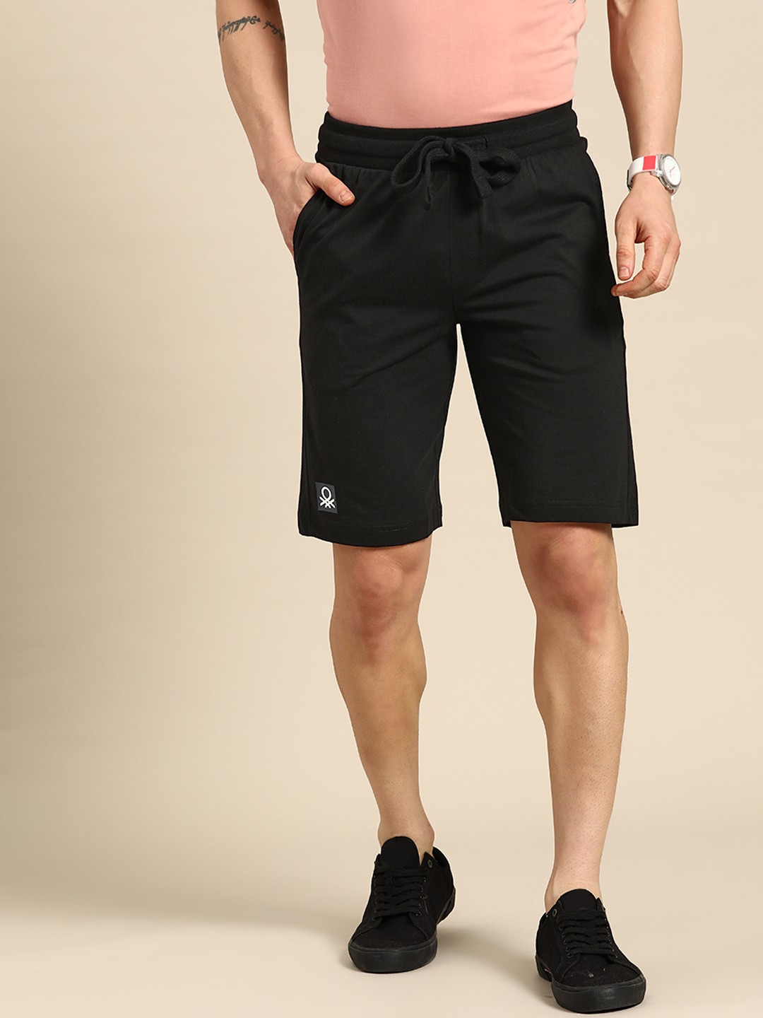 

United Colors of Benetton Men Brand Logo Detail Pure Cotton Shorts, Black