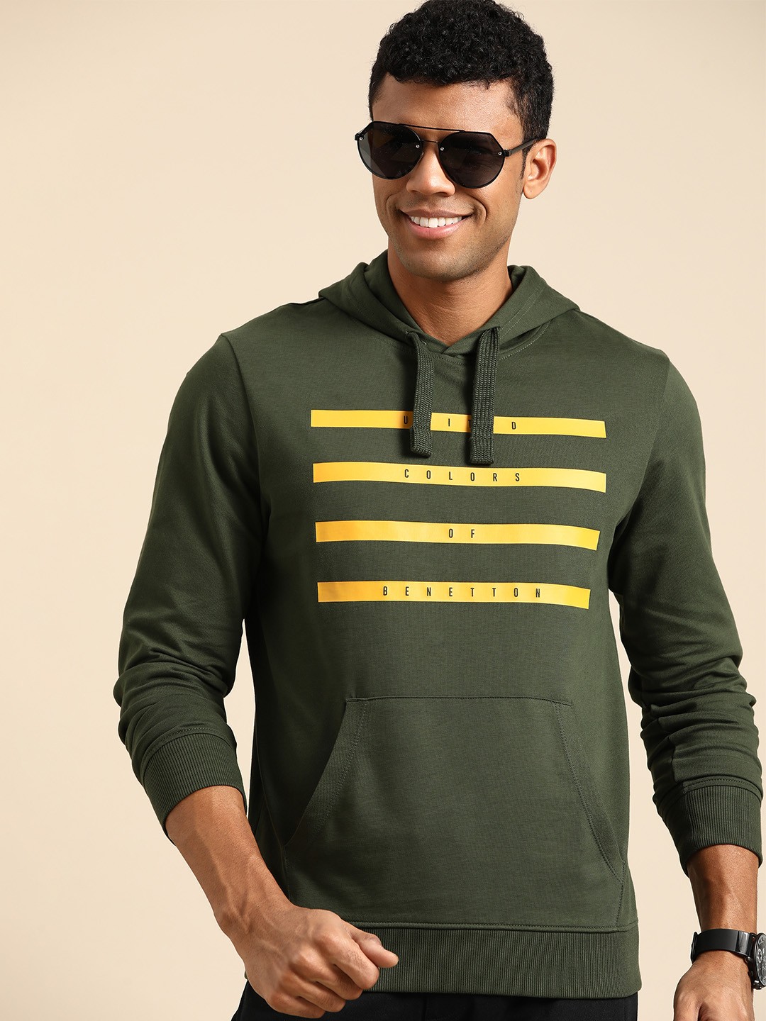 

United Colors of Benetton Cotton Striped Hooded Sweatshirt, Olive