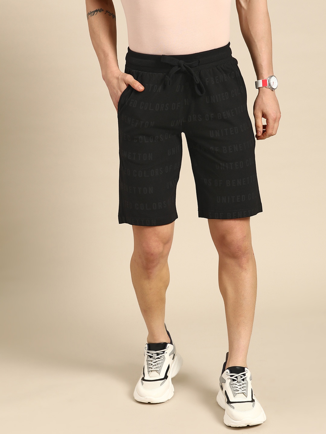 

United Colors of Benetton Men Brand Logo Printed Pure Cotton Shorts, Black