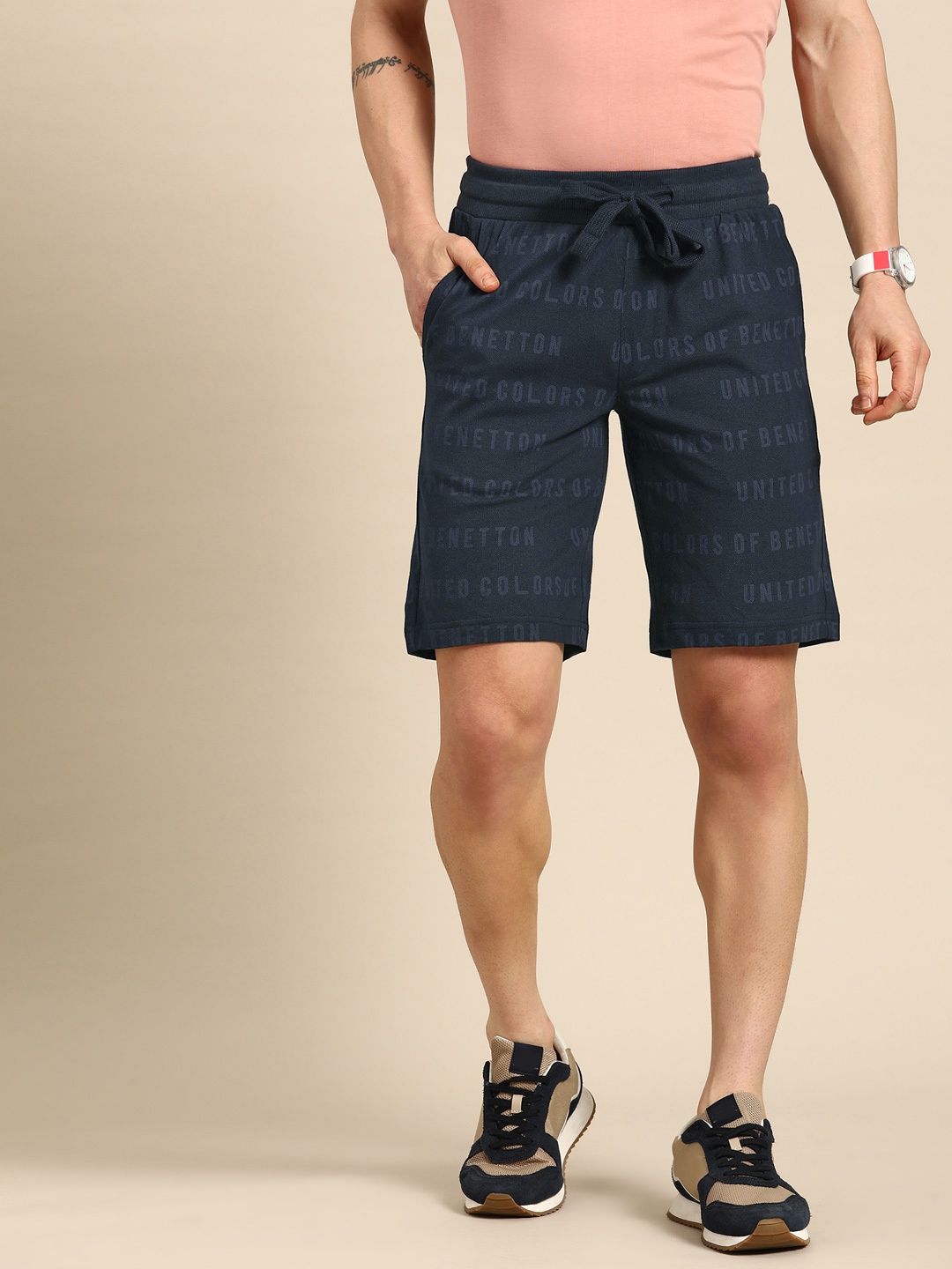 

United Colors of Benetton Men Brand Logo Printed Pure Cotton Shorts, Navy blue