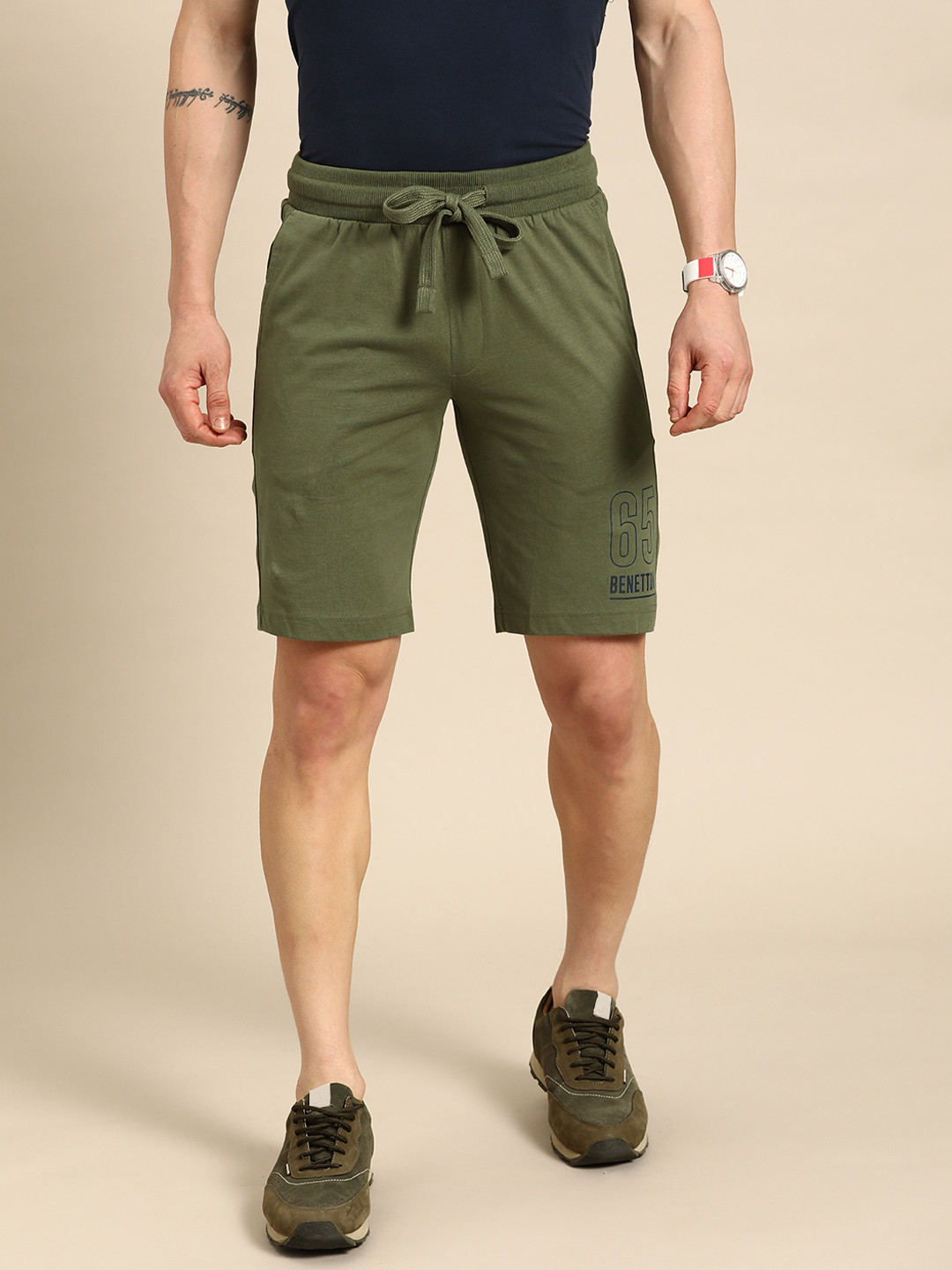 

United Colors of Benetton Men Brand Logo Detail Pure Cotton Shorts, Olive