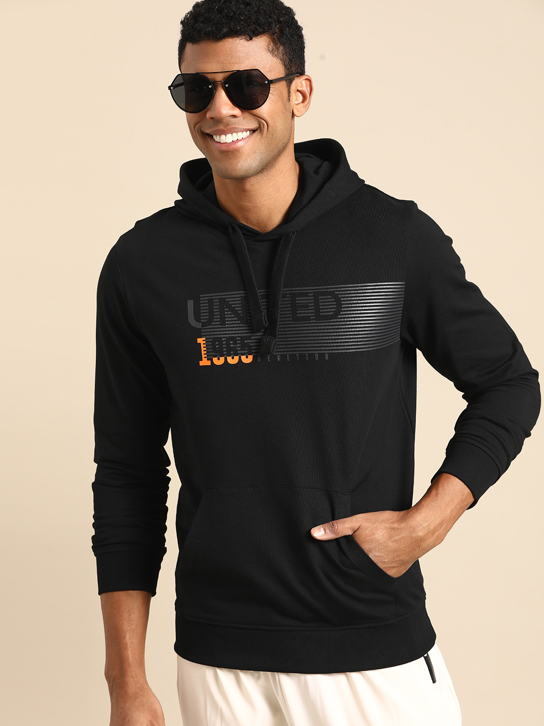 

United Colors of Benetton Brand Detail Printed Pure Cotton Hooded Sweatshirt, Black