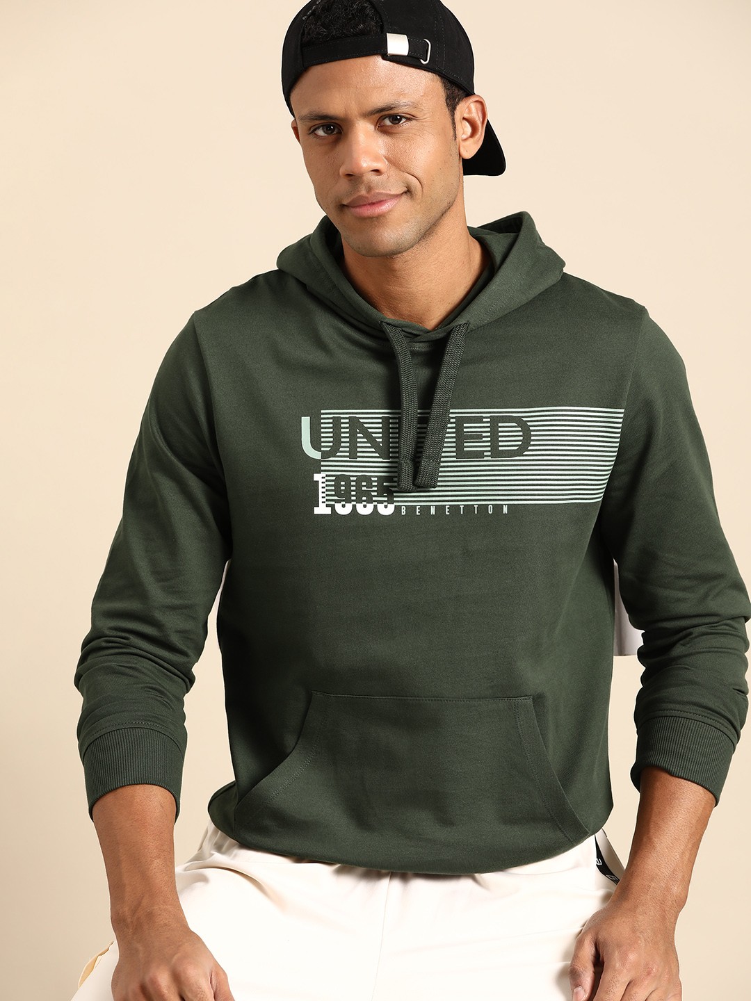 

United Colors of Benetton Brand Detail Printed Pure Cotton Hooded Sweatshirt, Olive