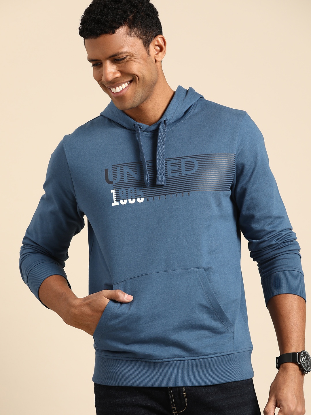 

United Colors of Benetton Brand Detail Printed Pure Cotton Hooded Sweatshirt, Blue