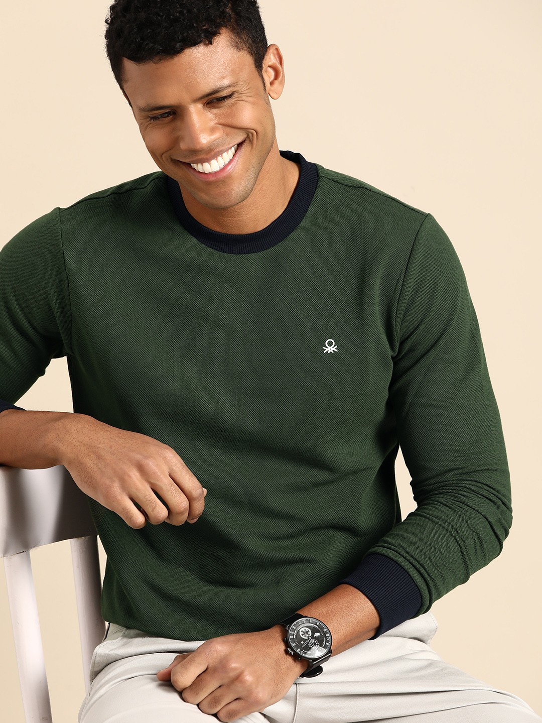 

United Colors of Benetton Solid Pure Cotton Sweatshirt, Olive