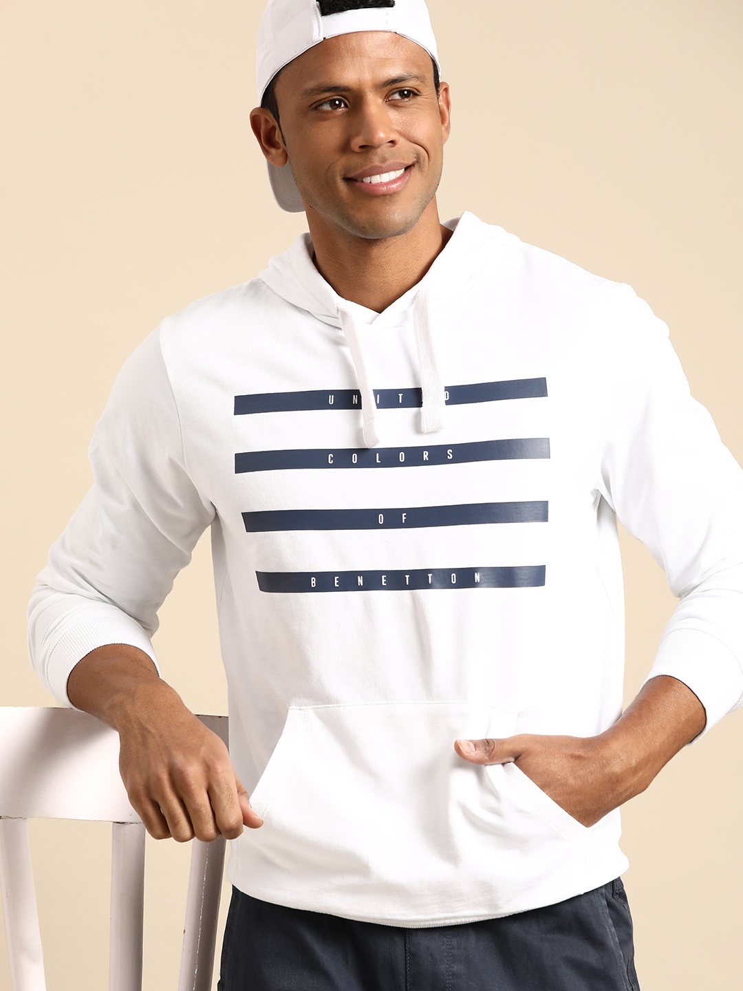 

United Colors of Benetton Brand Detail Printed Pure Cotton Hooded Sweatshirt, White