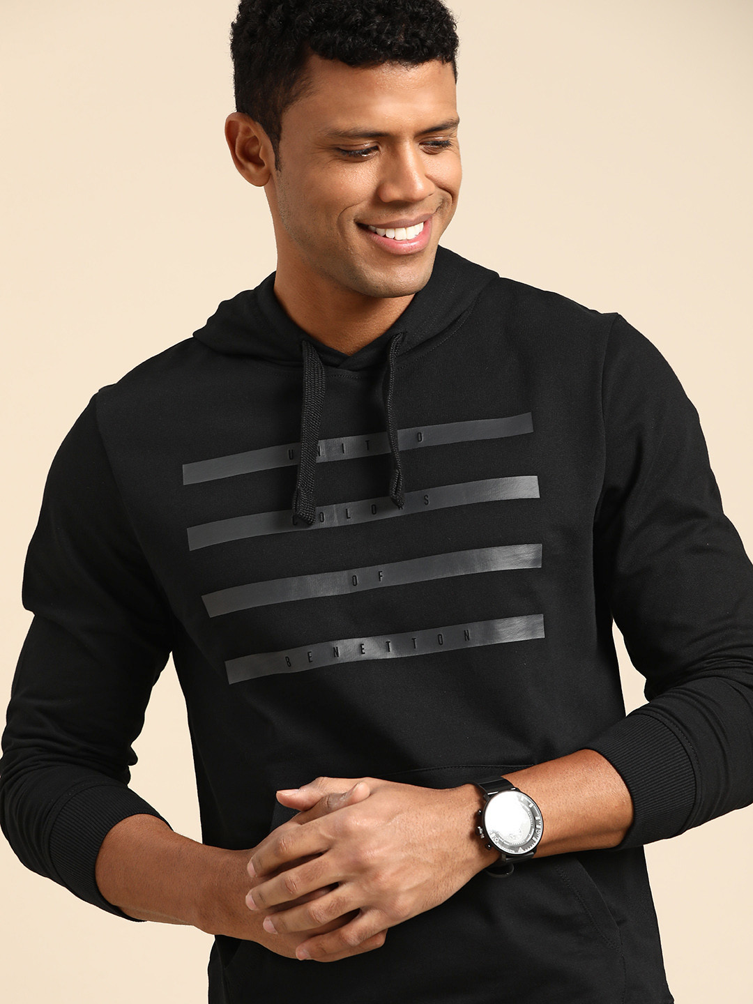 

United Colors of Benetton Brand Detail Printed Pure Cotton Hooded Sweatshirt, Black