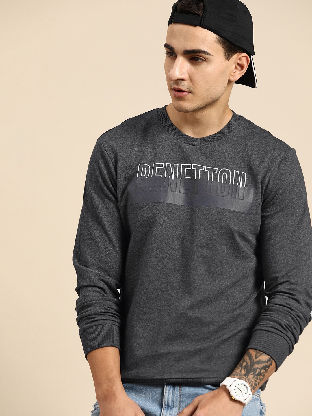 

United Colors of Benetton Pure Cotton Printed Sweatshirt, Charcoal
