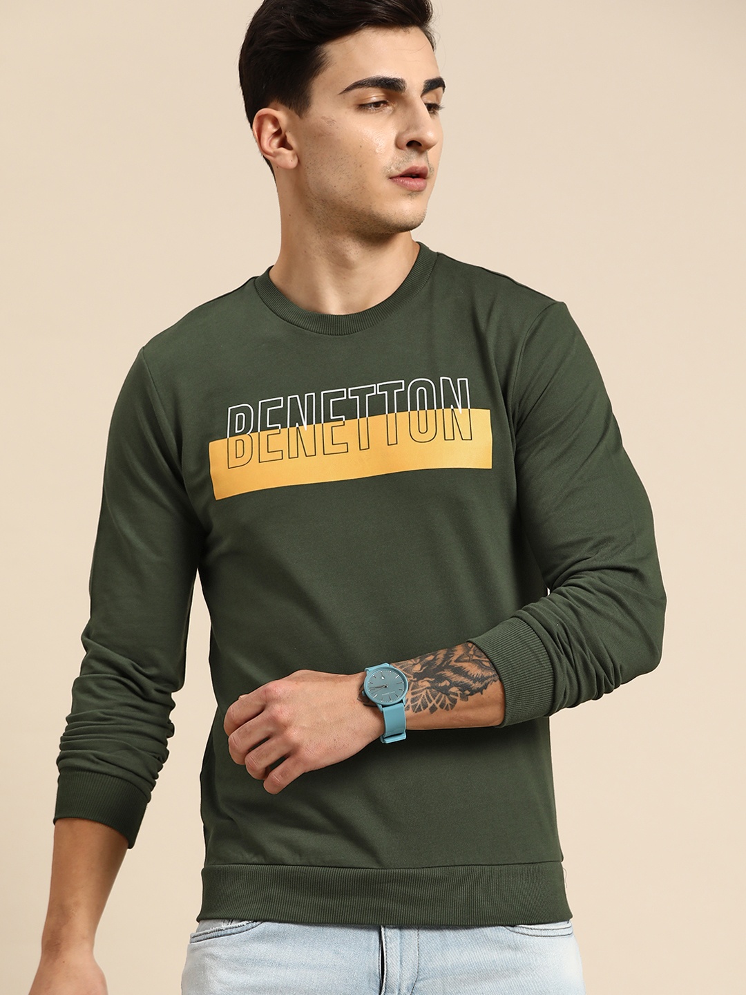 

United Colors of Benetton Brand Printed Pure Cotton Sweatshirt, Olive