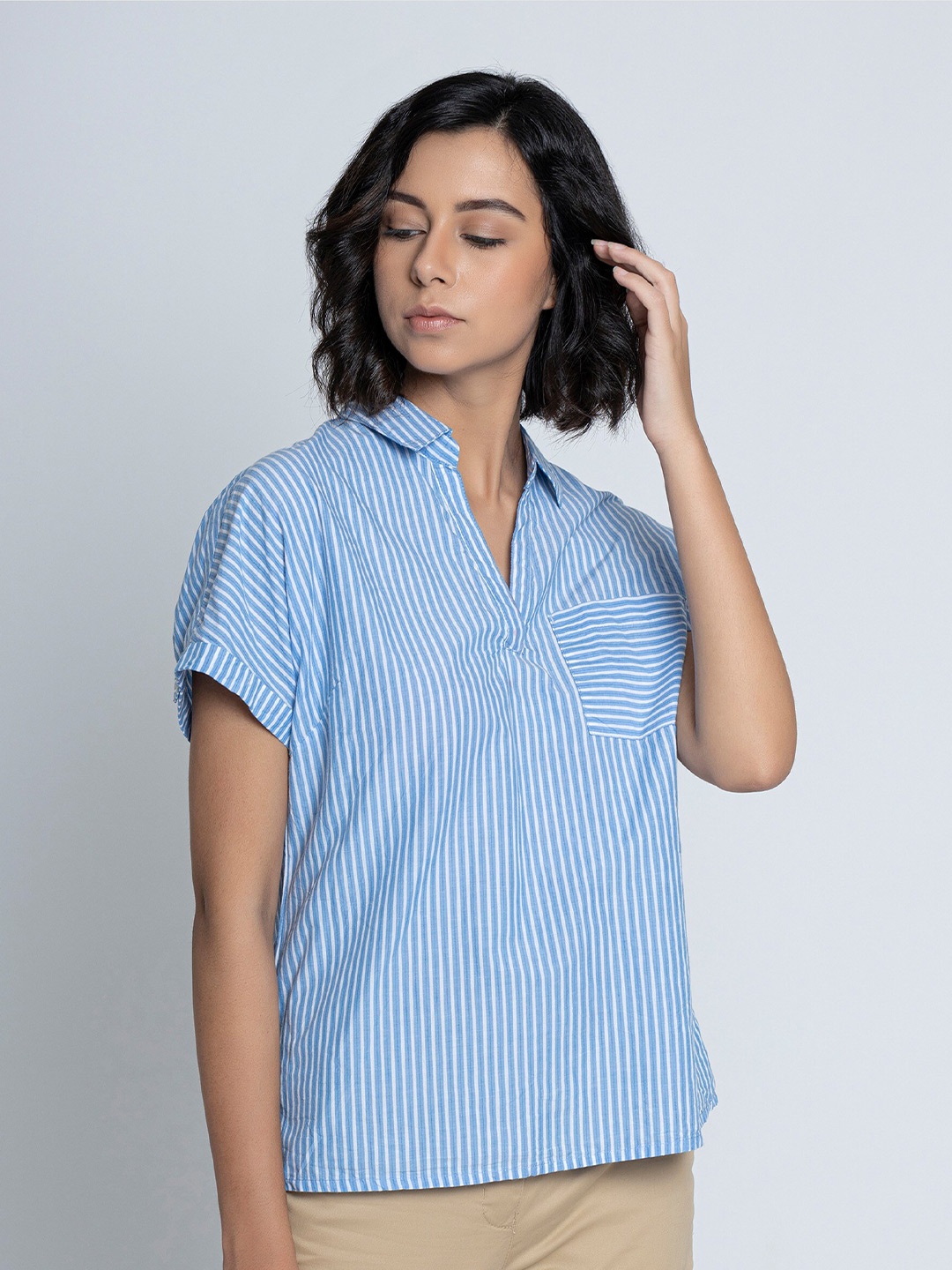 

B.Copenhagen Striped Shirt Collar Extended Sleeves Pure Cotton Top, Blue