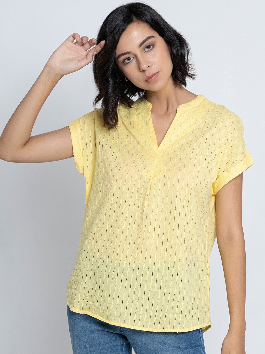 

B.Copenhagen Self Design Mandarin Collar Extended Sleeves Organic Cotton Top, Yellow