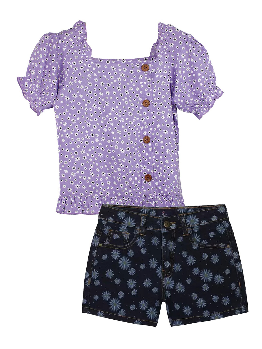 

KiddoPanti Girls Floral Printed Top with Shorts, Lavender