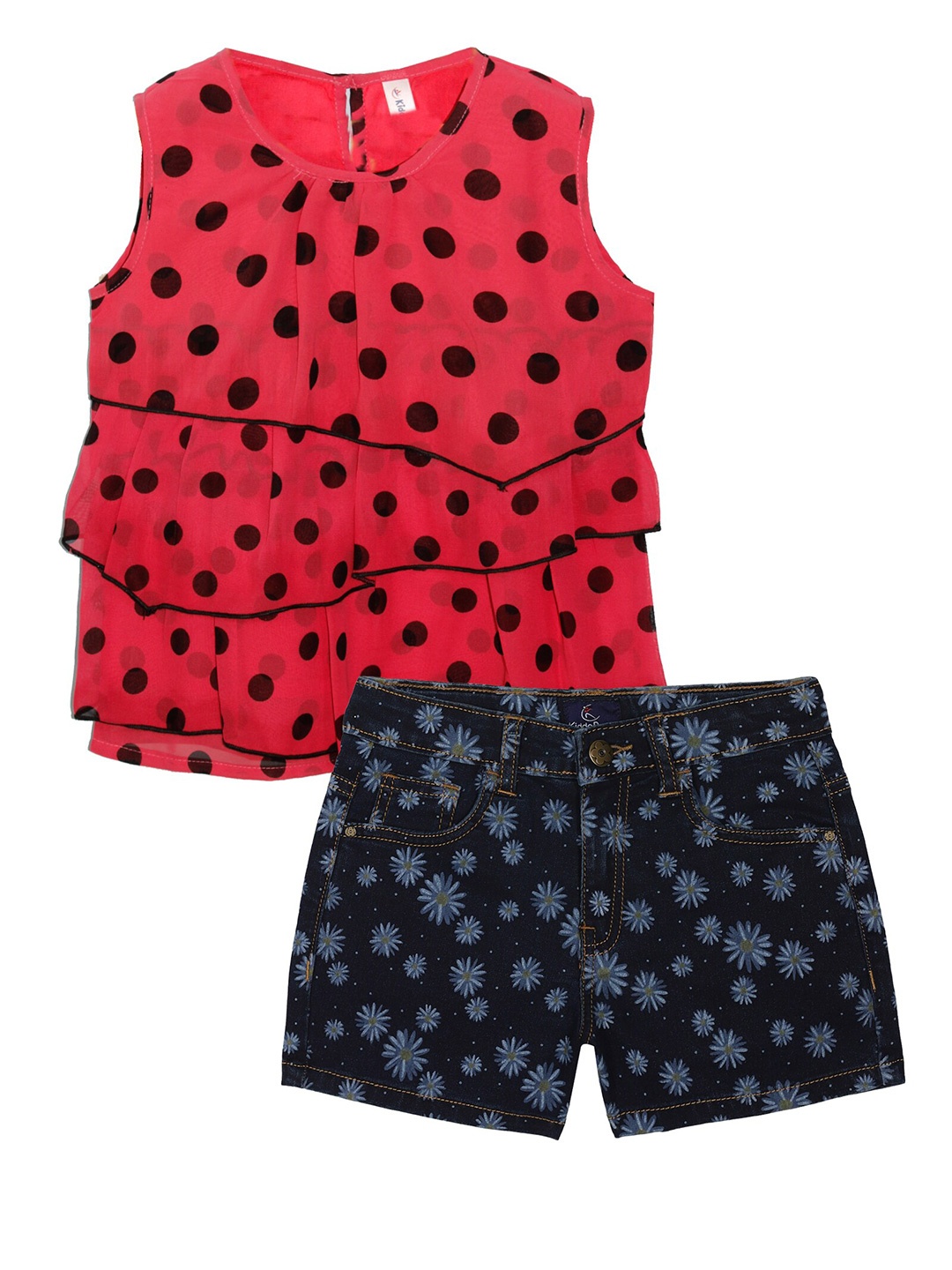 

KiddoPanti Girls Polka Dots Printed Layered Top with Shorts, Pink
