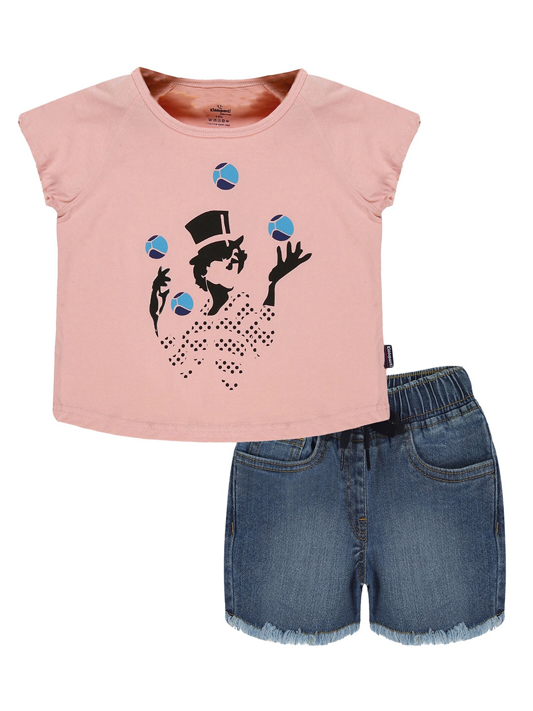 

KiddoPanti Girls Printed T-shirt with Denim Shorts, Pink