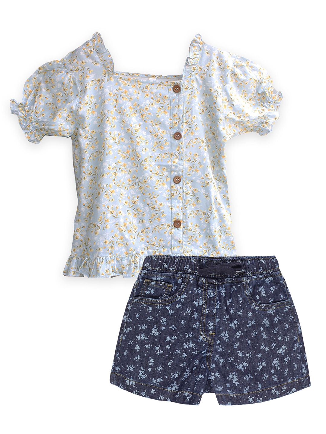 

KiddoPanti Girls Square Neck Printed Top with Shorts, Blue