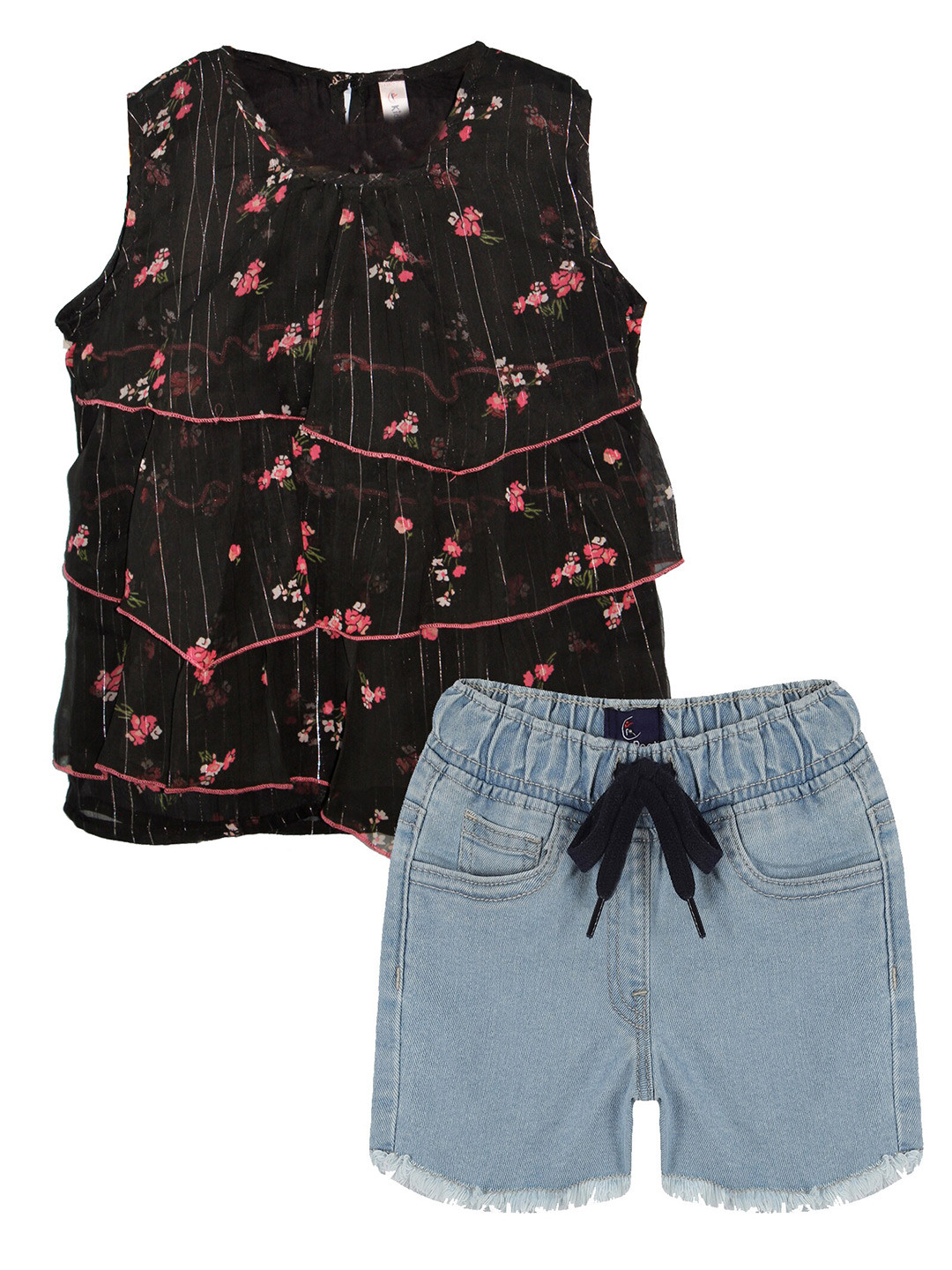 

KiddoPanti Girls Printed Top with Shorts, Black