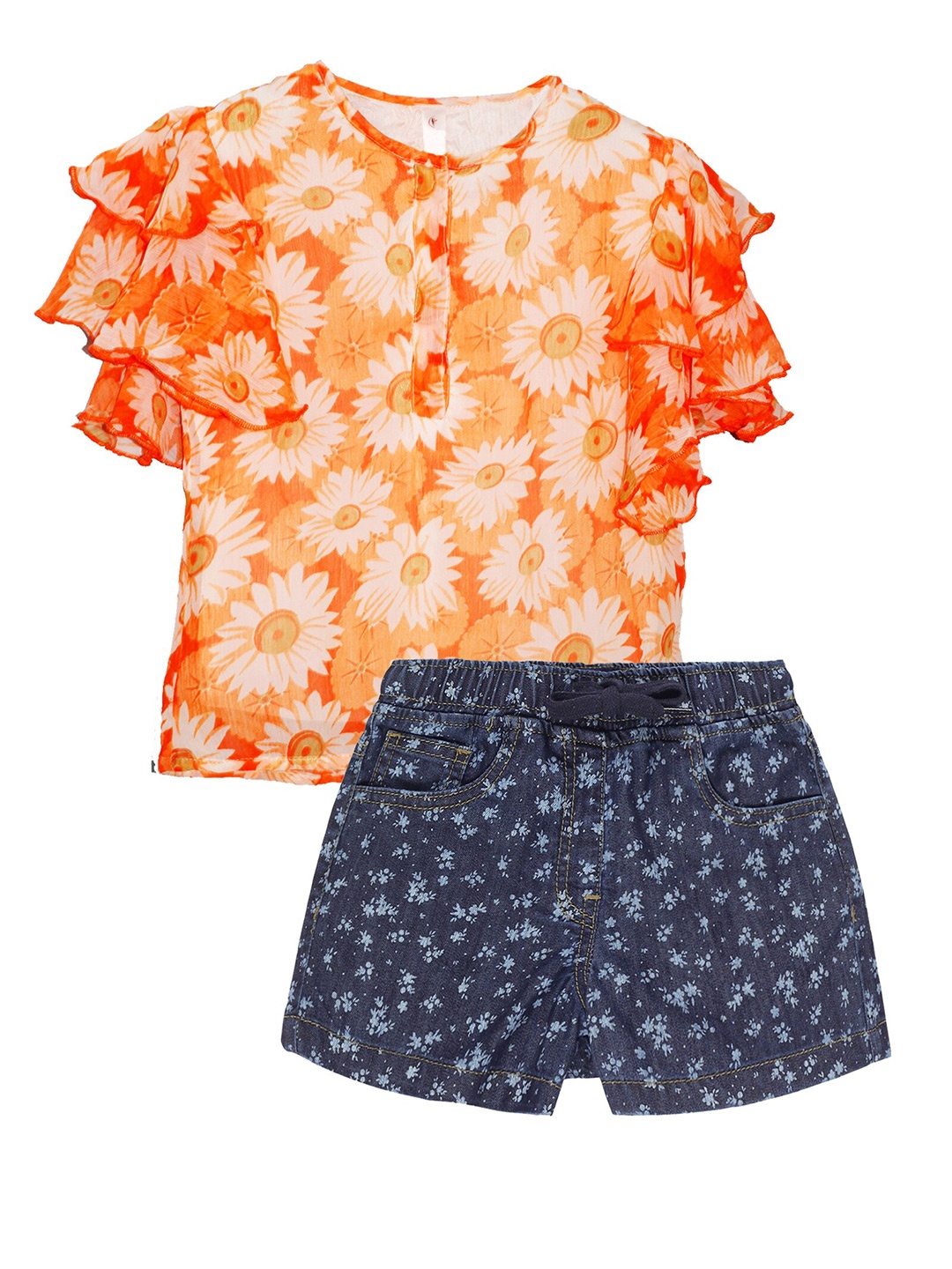 

KiddoPanti Girls Printed Top with Shorts, Orange