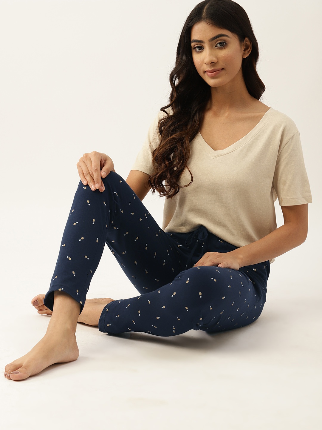 

ETC Printed Slim-Fit Pure Cotton Lounge Pants, Navy blue