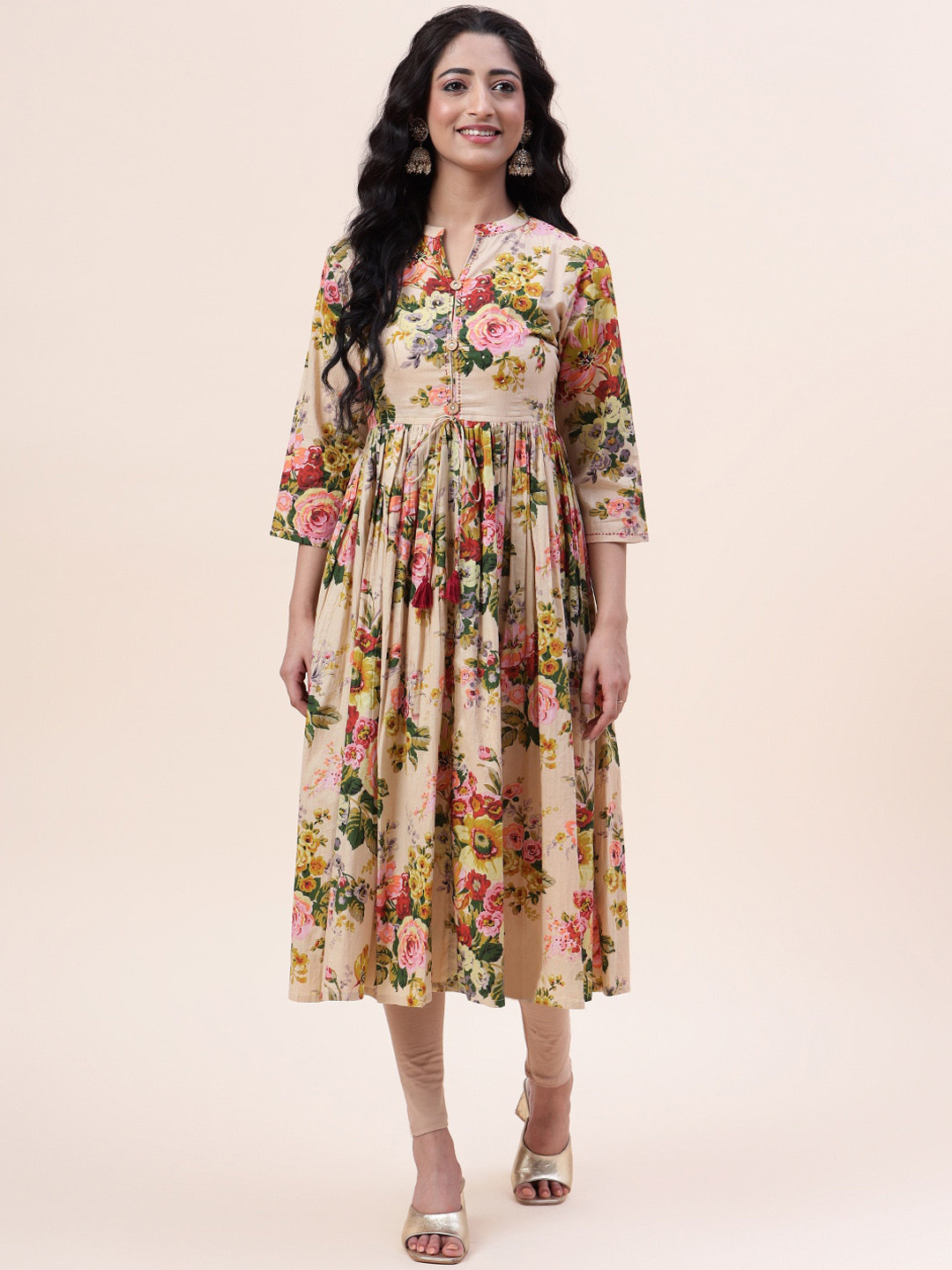 

Meena Bazaar Floral Printed Cotton Anarkali Kurta, Beige