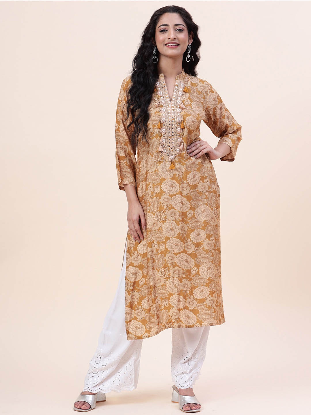 

Meena Bazaar Floral Printed Sequinned Work Kurta, Mustard