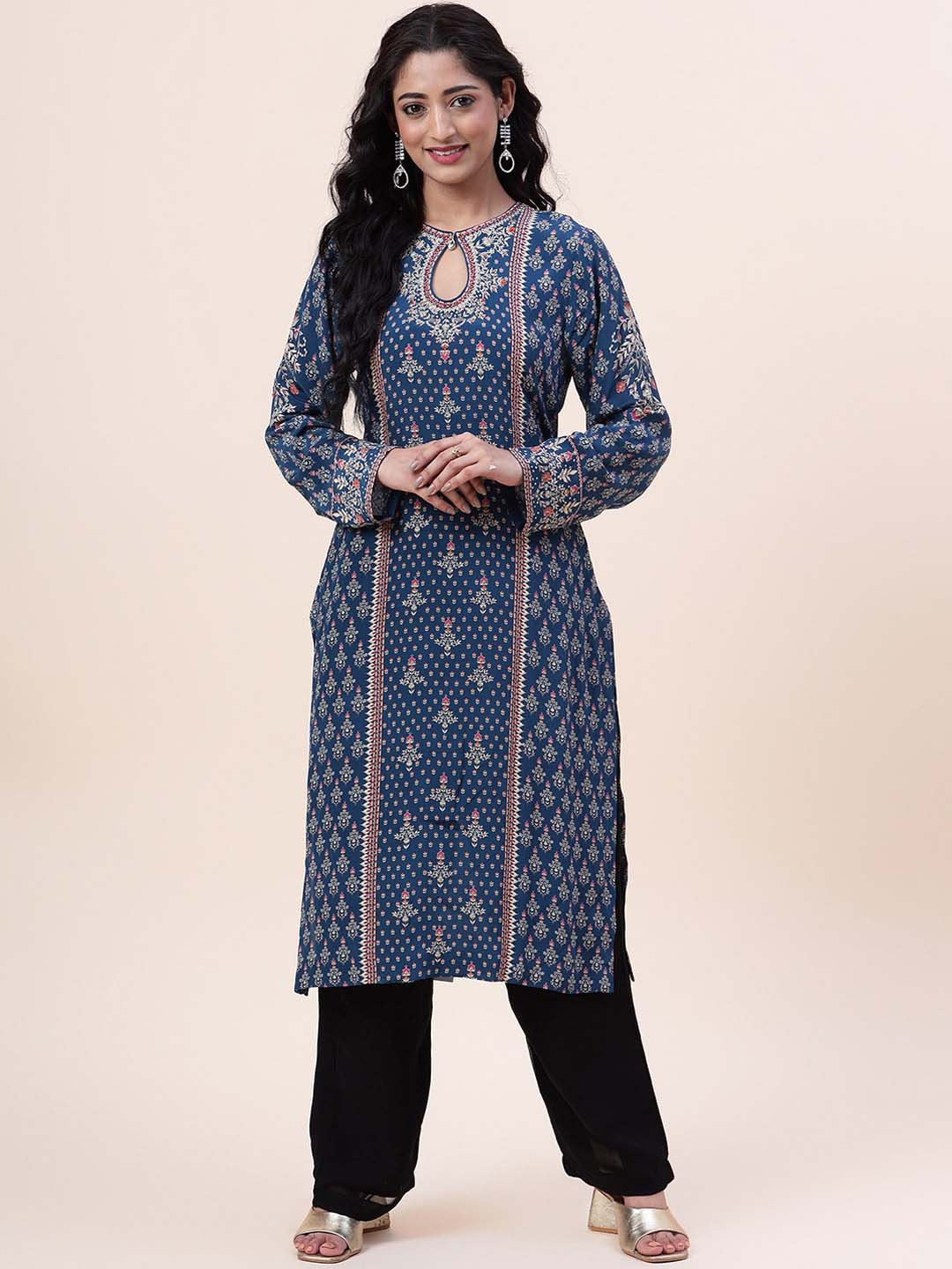 

Meena Bazaar Ethnic Motifs Printed Keyhole Neck Sequinned Work Kurta, Blue
