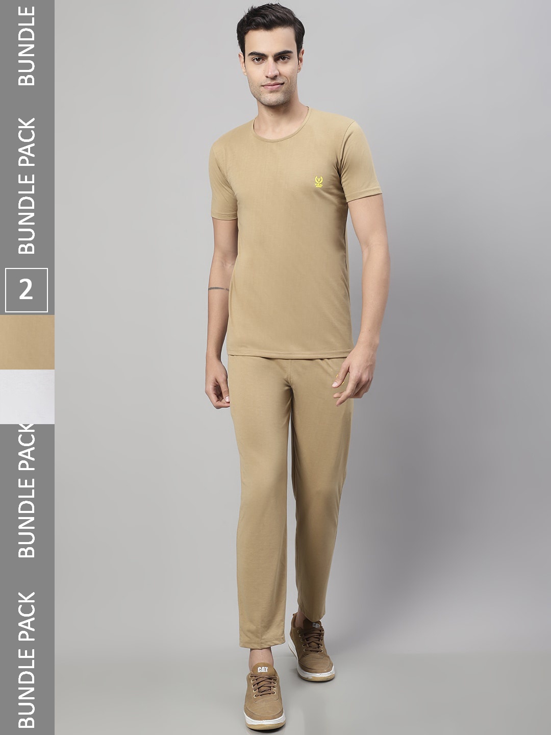 

VIMAL JONNEY Pack Of 2 Sports T-Shirts With Capris & Track-Pants, Beige