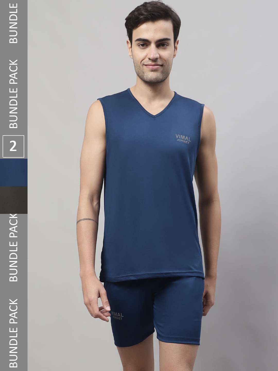 

MACK JONNEY JONNEY Pack Of 2 Dry-Fit V-Neck Sleeveless Sports T-shirt & Shorts, Blue