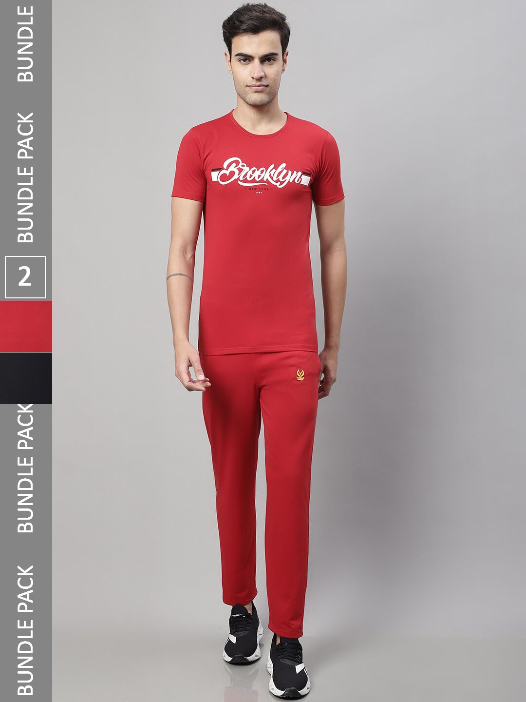 

MACK JONNEY Pack of 2 Dryfit Printed T-shirts & Trackpants Sports Co-ords Set, Red