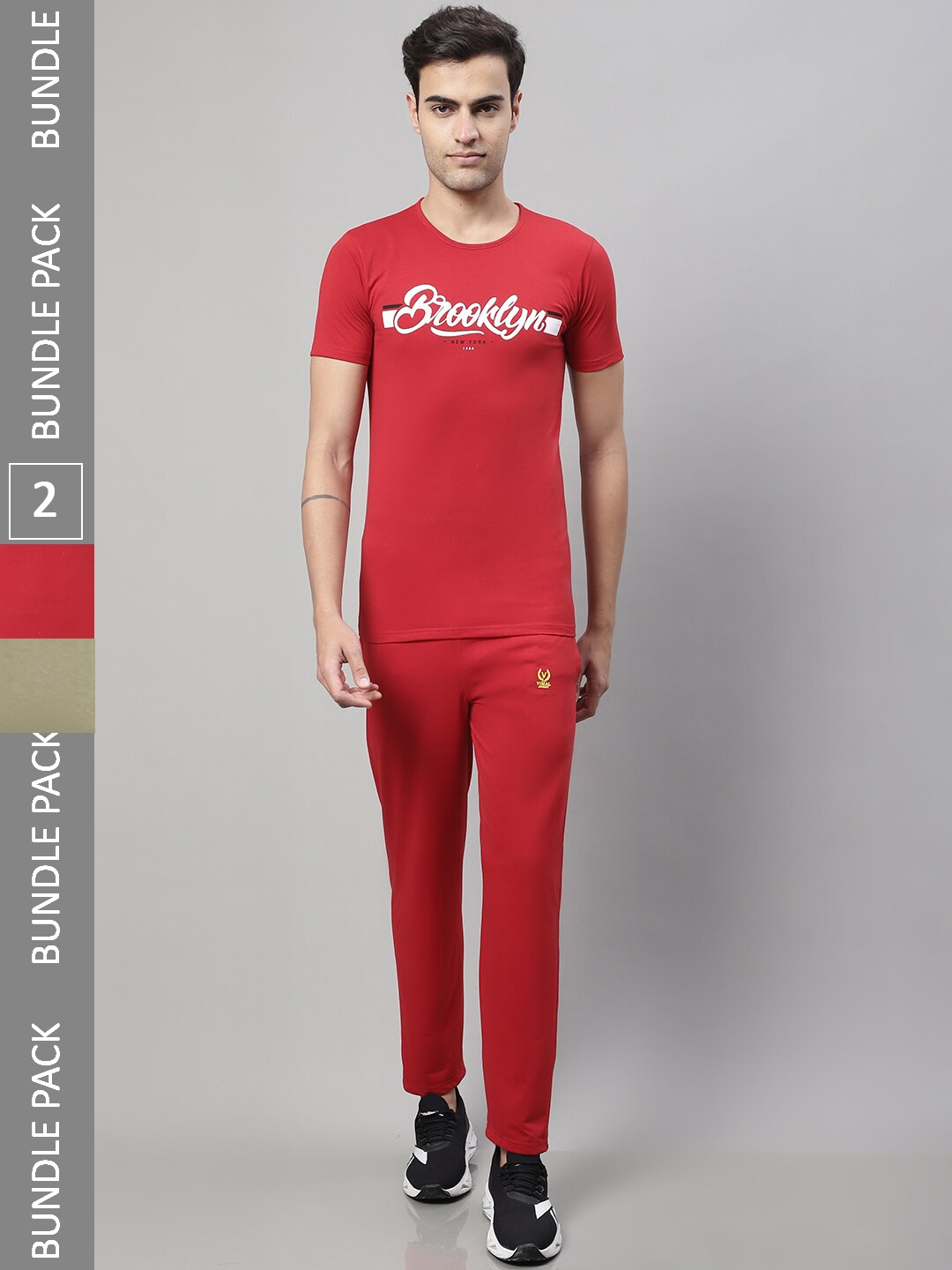 

VIMAL JONNEY Pack of 2 Skin-Friendly Printed T-shirt & Track Pants Sports Co-Ords Set, Red