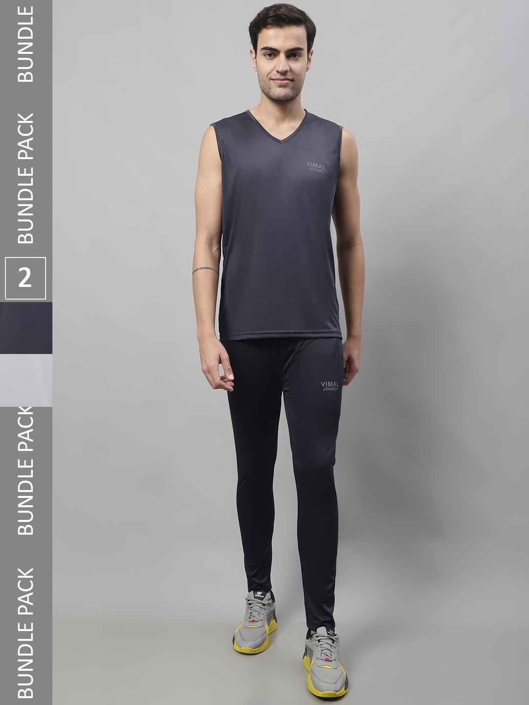 

VIMAL JONNEY Pack Of 2 Dry Fit V-Neck Sleeveless T-shirt With Shorts Sports Co-Ords Set, Grey