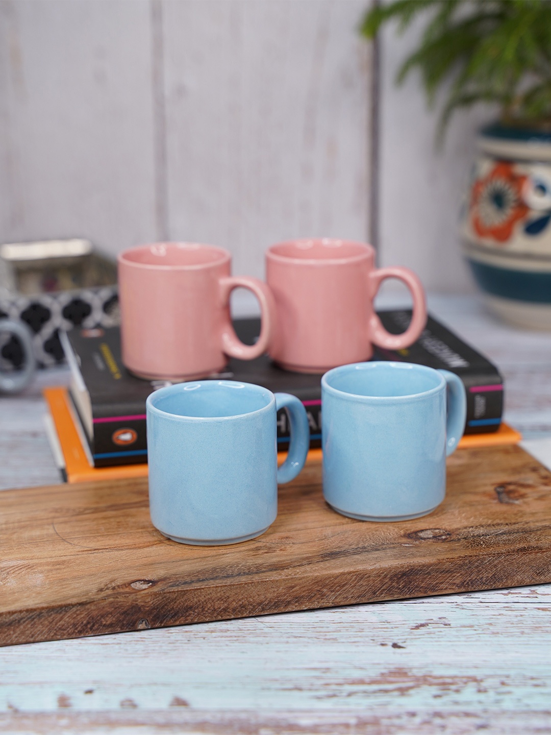 

LIVING ROOTS Blue & Peach-Coloured 4 Pieces Ceramic Glossy Cups-110ml Each