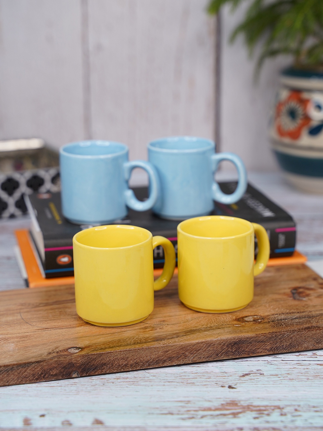 

LIVING ROOTS Blue & Yellow 4 Pieces Ceramic Glossy Mugs-110ml each