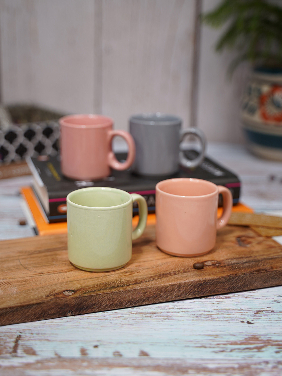 

LIVING ROOTS Pink & Grey 4 Pieces Ceramic Glossy Mugs-110ml Each