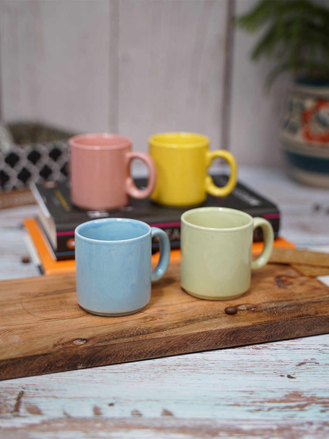 

LIVING ROOTS Yellow & Blue 4 Pieces Ceramic Glossy Mugs-110ml each