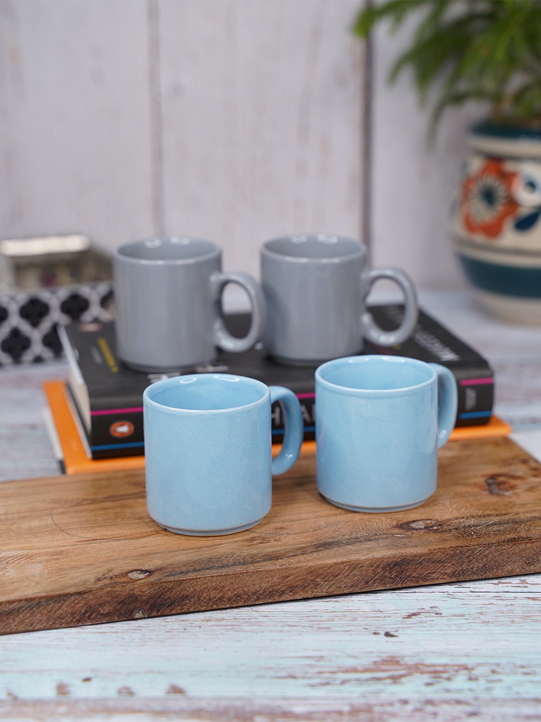 

LIVING ROOTS Blue & Grey 4 Pieces Ceramic Glossy Mugs-110ml Each