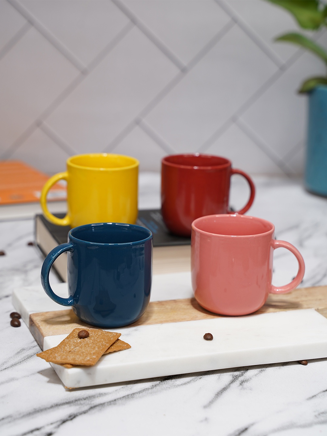 

LIVING ROOTS Red & Yellow 4 Pieces Ceramic Glossy Mugs-200ml Each