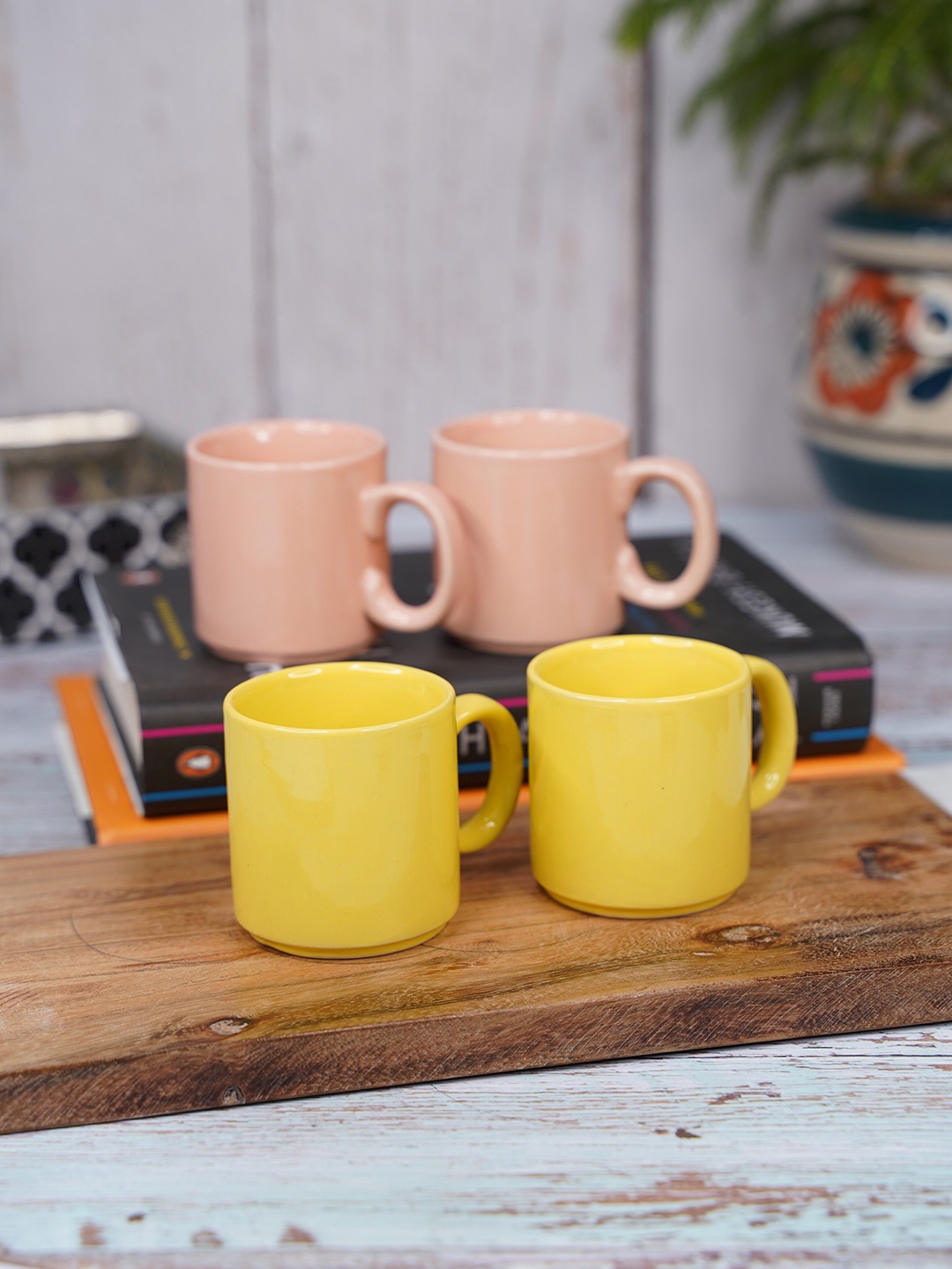 

LIVING ROOTS Yellow & Peach-Coloured 4 Pieces Ceramic Glossy Cups-110ml Each