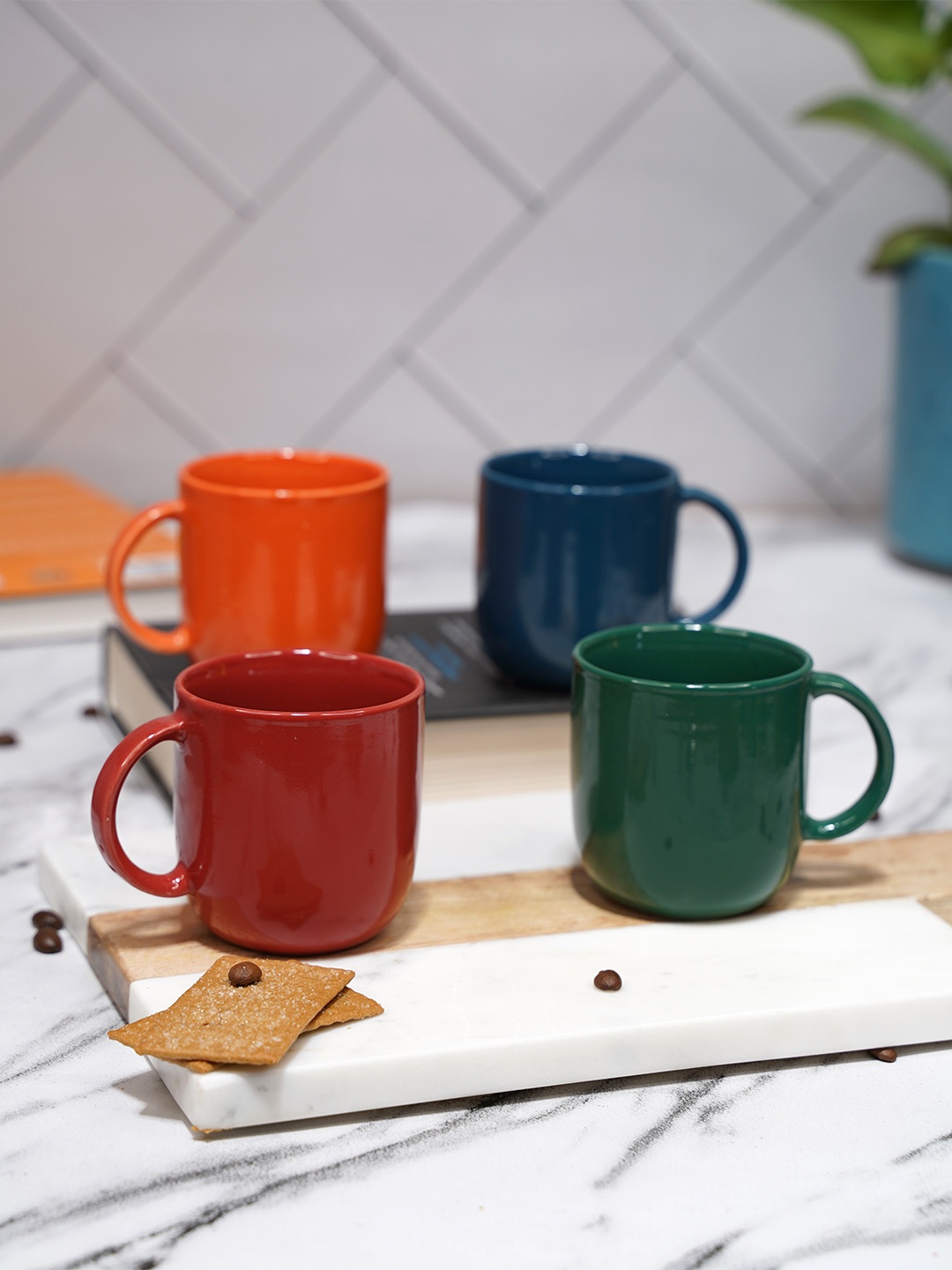 

LIVING ROOTS 4 Pieces Red & Green Solid Ceramic Glossy Cups - 200 ML each