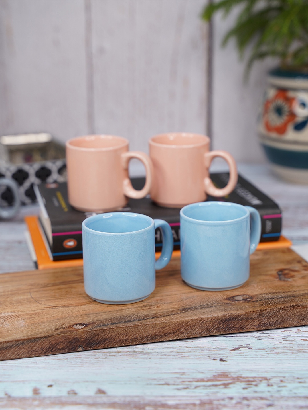 

LIVING ROOTS Blue & Peach-Coloured 4 Pieces Ceramic Glossy Mugs-110ml each