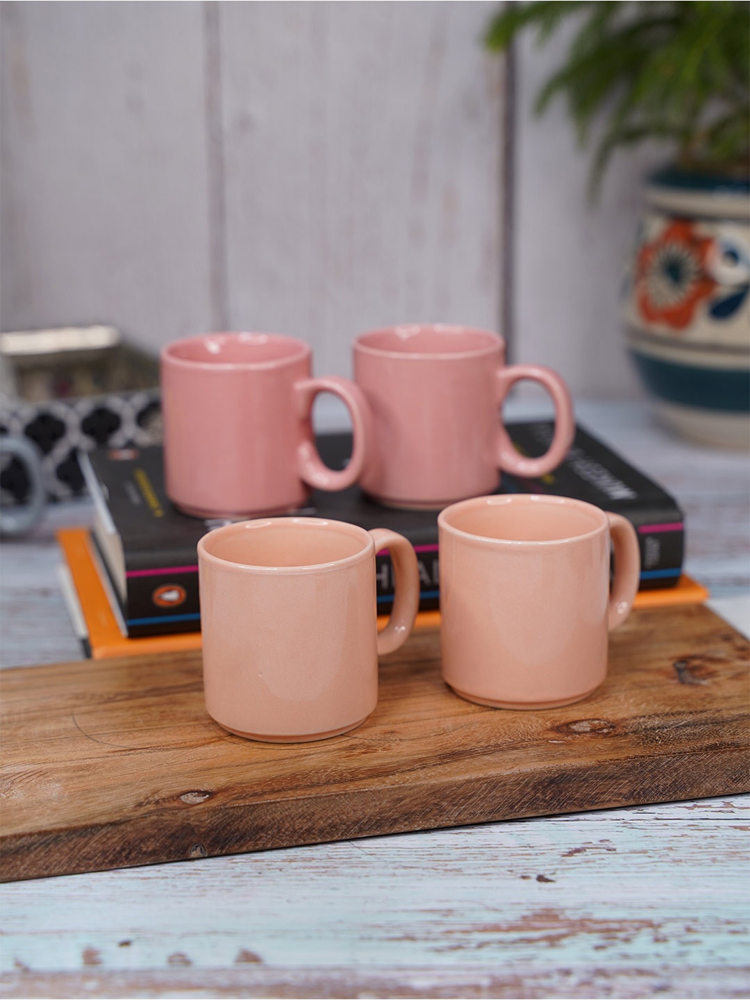 

LIVING ROOTS Peach-Coloured 4 Pieces Ceramic Glossy Coffee Cups 110 ml Each