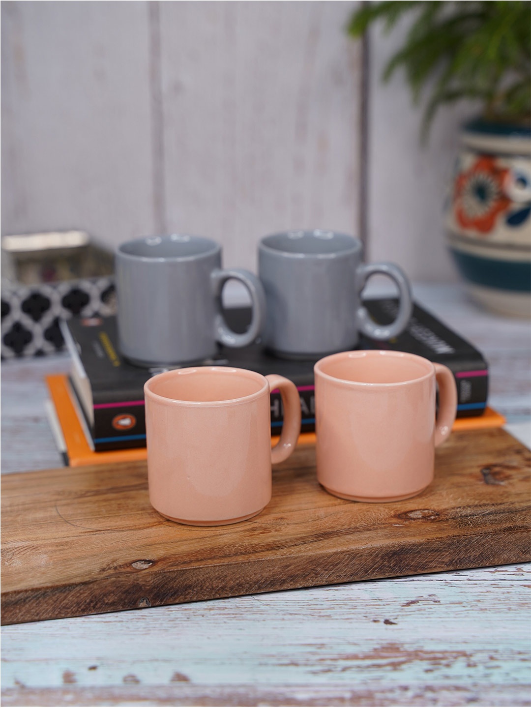 

LIVING ROOTS Grey & Peach-Coloured 4 Pieces Ceramic Glossy Mugs-110ml each